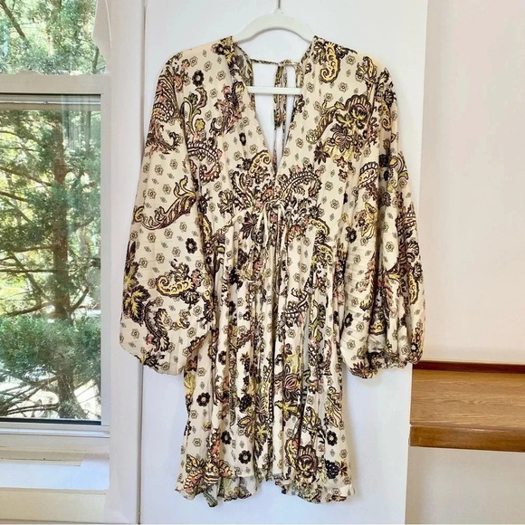New Free People Arzel Mini Dress Long Sleeve Printed Tunic in Tea Combo XS - Picture 7 of 16